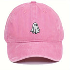 Pink cap with a ghost design on a white background