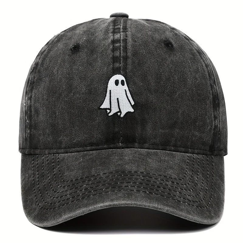Black cap with a white ghost logo on a white background