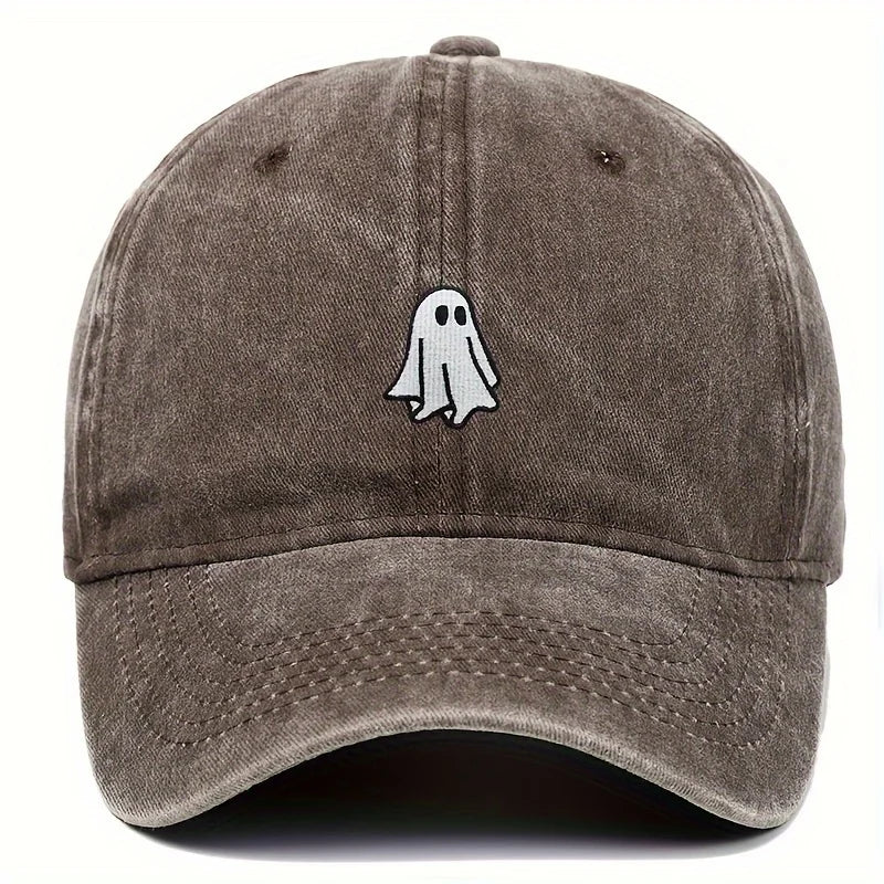 Brown cap with a ghost emoji on a white background