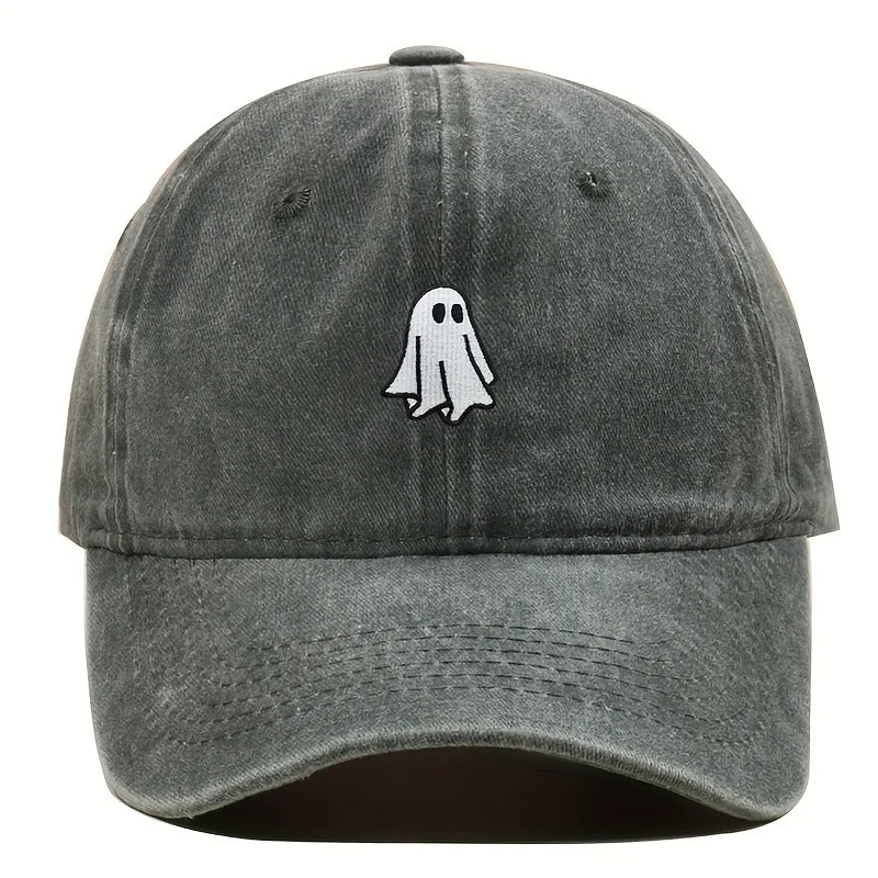 Faded forest green cap with a white ghost emblem on a white background