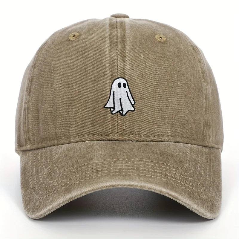 Beige cap with a ghost emoji on a white background