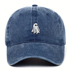 Faded navy cap with a ghost emblem on a white background