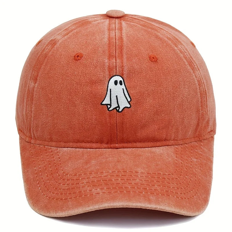 Orange cap with a ghost emoji on a white background