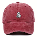 Red cap with a white ghost emoji on a white background