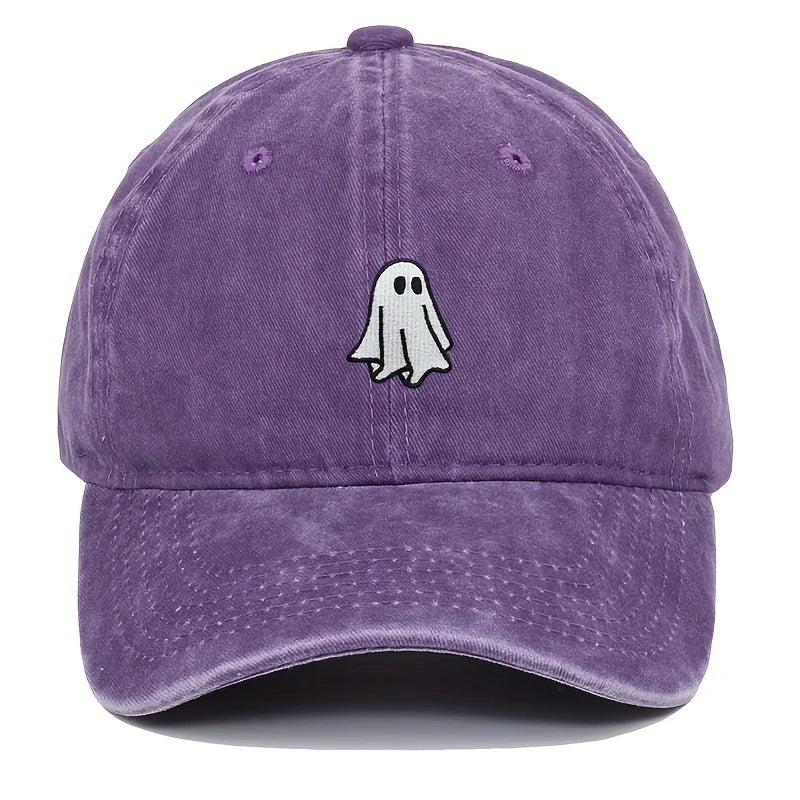 Purple baseball cap with a ghost emoji on a white background