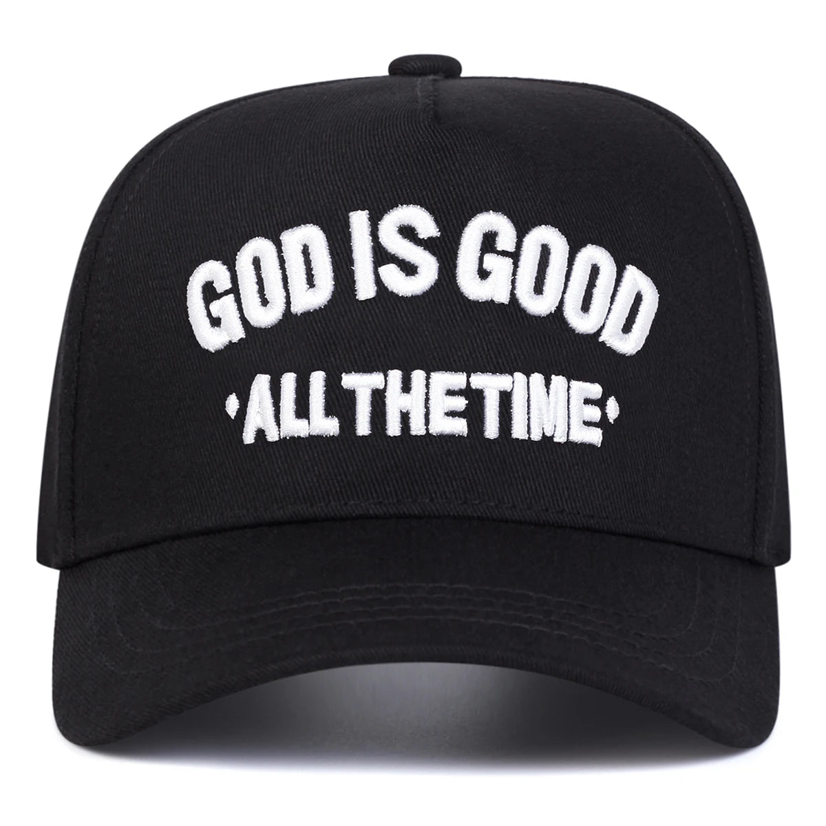 Black cap with 'GOD IS GOOD ALL THE TIME' text on a white background