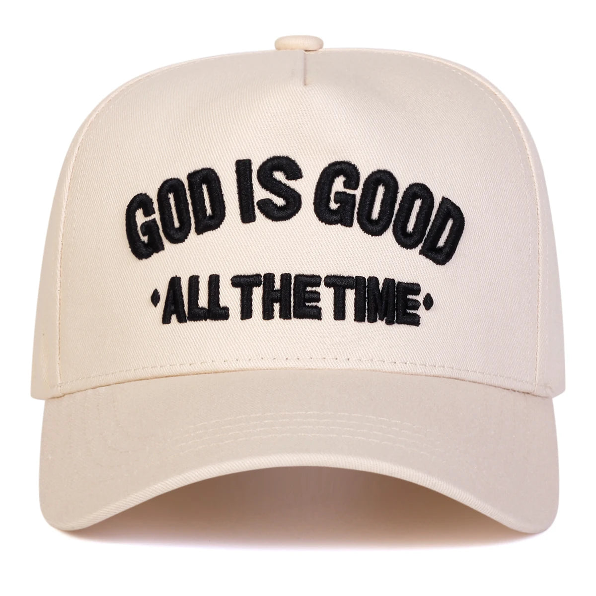 Cream cap with 'God is Good All the Time' text on a white background