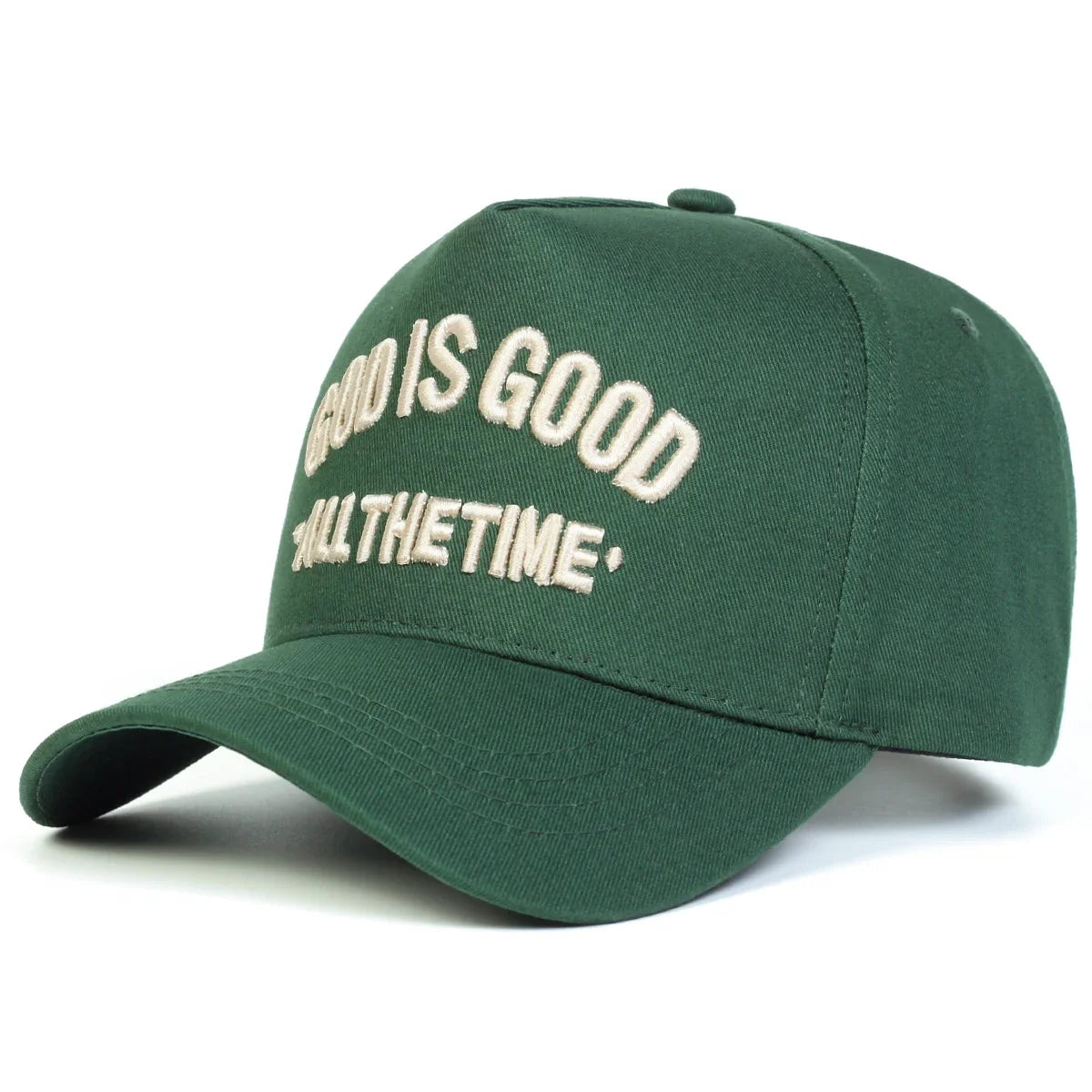 Green cap with 'God is Good All the Time' text on a white background