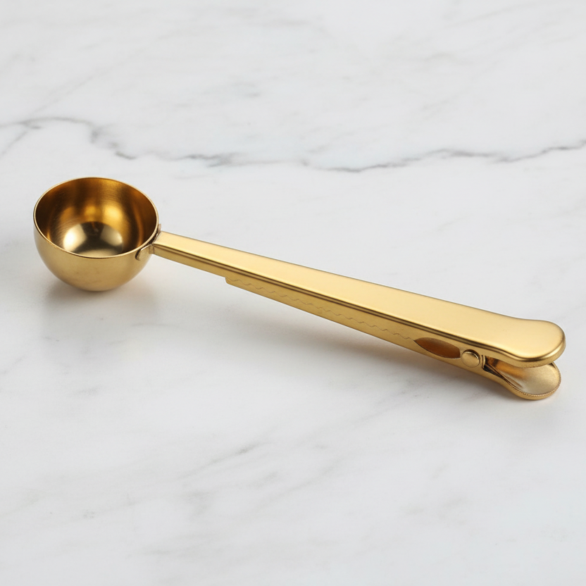 Gold measuring spoon on a marble surface