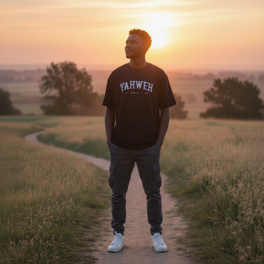 Man on a prayer walk on a path in a field with 'YAHWEH' shirt at sunset