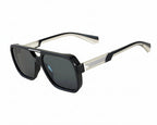 Black sunglasses with silver frame on a white background