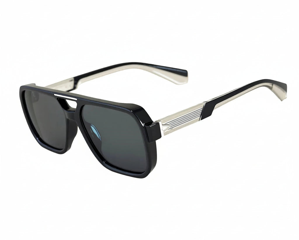 Black sunglasses with silver frame on a white background
