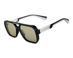 Sunglasses with black frame and green lenses on a white background