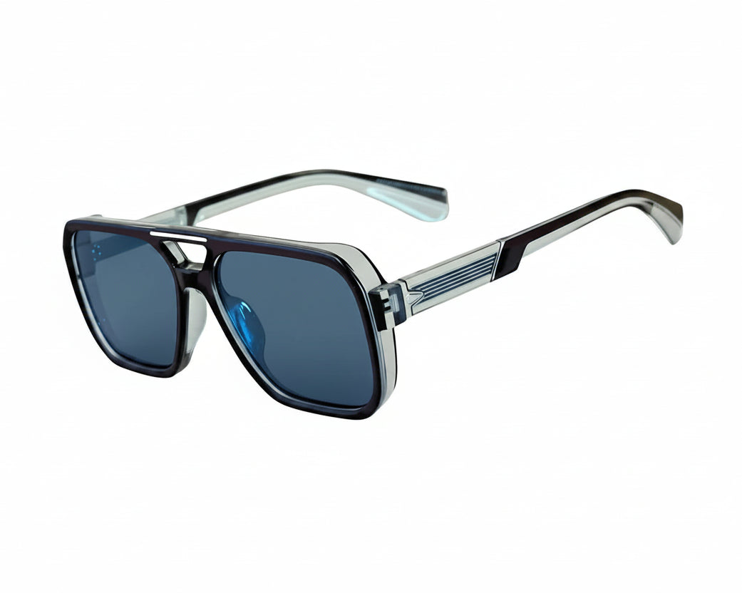 Sunglasses with blue lenses on a white background