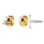 Two small gold huggie hoop earrings shown on a white background with overlaid dimension labels: approximately 7.8 mm width on the left and 15.