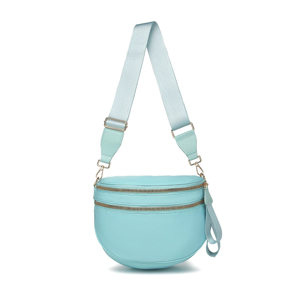 Ice blue Baye bag with a strap on a white background