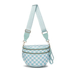 Ice Blue and white checkered Baye Bag with a strap on a white background