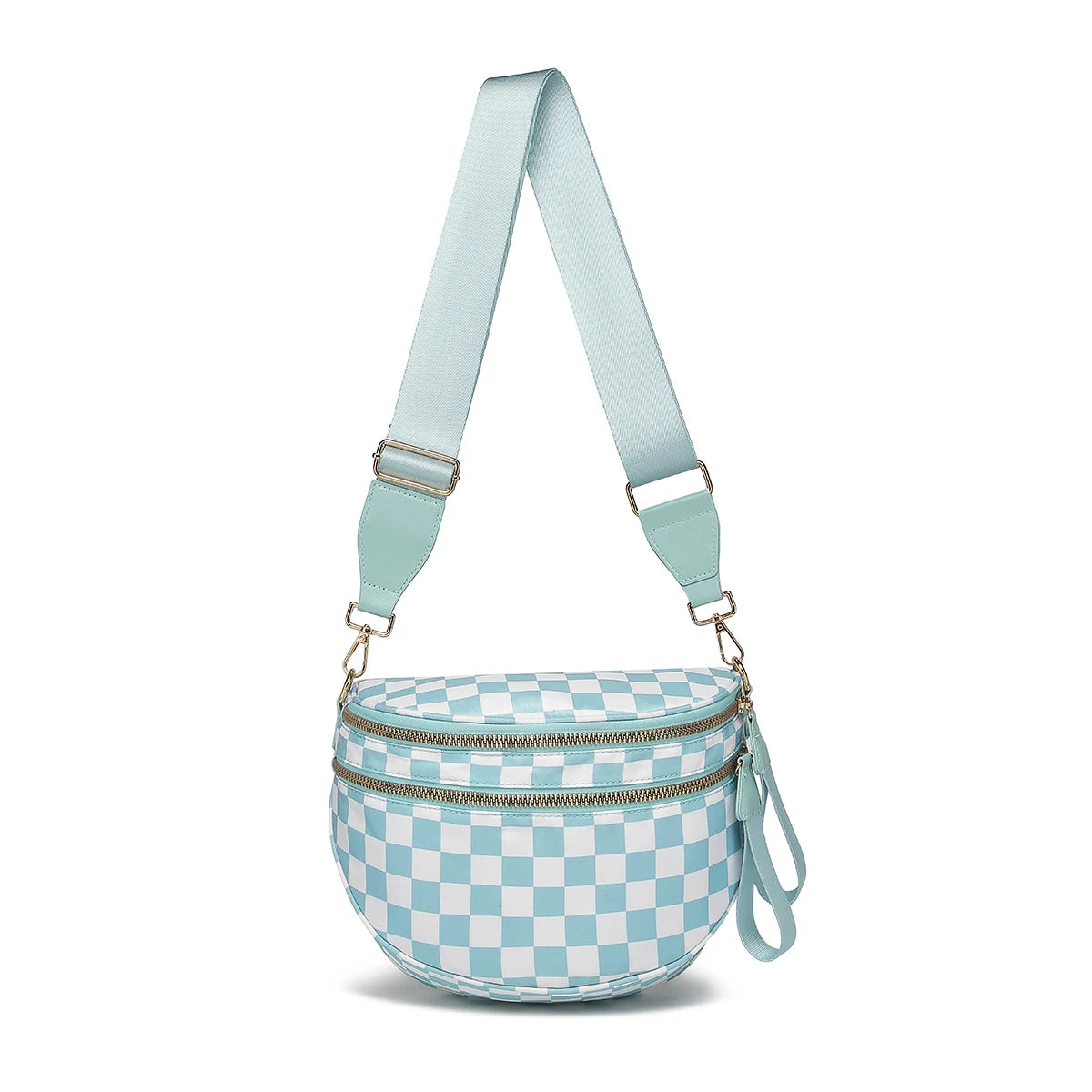 Ice Blue and white checkered Baye Bag with a strap on a white background