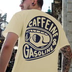 Beige t-shirt with 'Caffeine & Gasoline' logo worn by a person, with close-up of the design on the back.