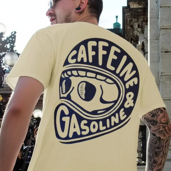 Beige t-shirt with 'Caffeine & Gasoline' logo worn by a person, with close-up of the design on the back.