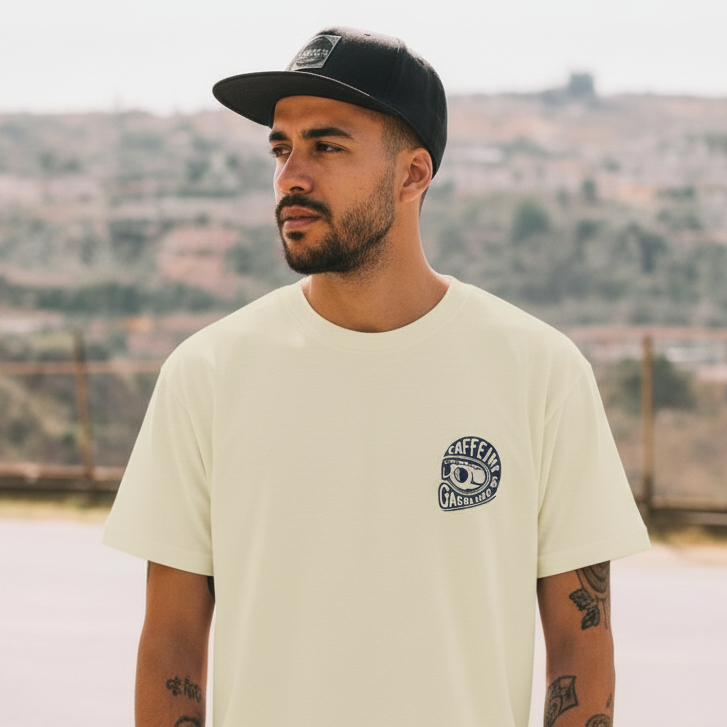 Man wearing a beige t-shirt with a logo, standing outdoors with a scenic background.