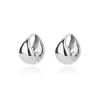 Pair of silver teardrop-shaped earrings on a white background