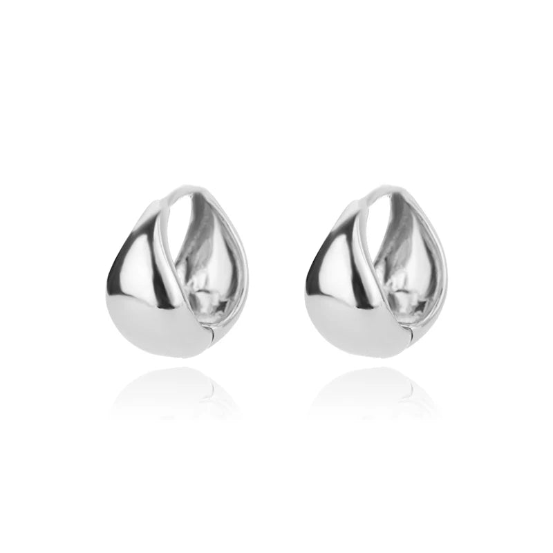 Pair of silver teardrop-shaped earrings on a white background