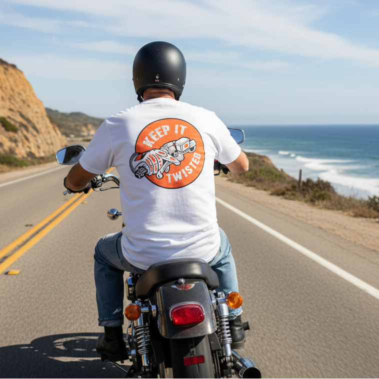 White t-shirt with a "Keep It Twisted" graphic on a male model riding on a motorcycle on a coastal highway.