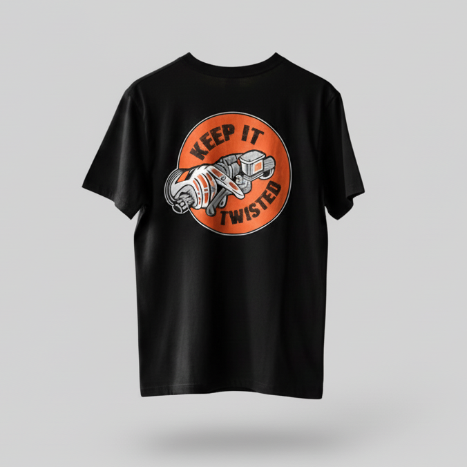Black t-shirt with a graphic design and text 'Keep It Twisted' on a gray background