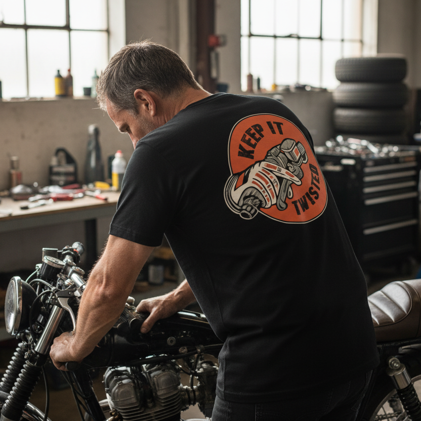 Man working on a motorcycle in a garage with a 'Keep It Twisted' t-shirt.