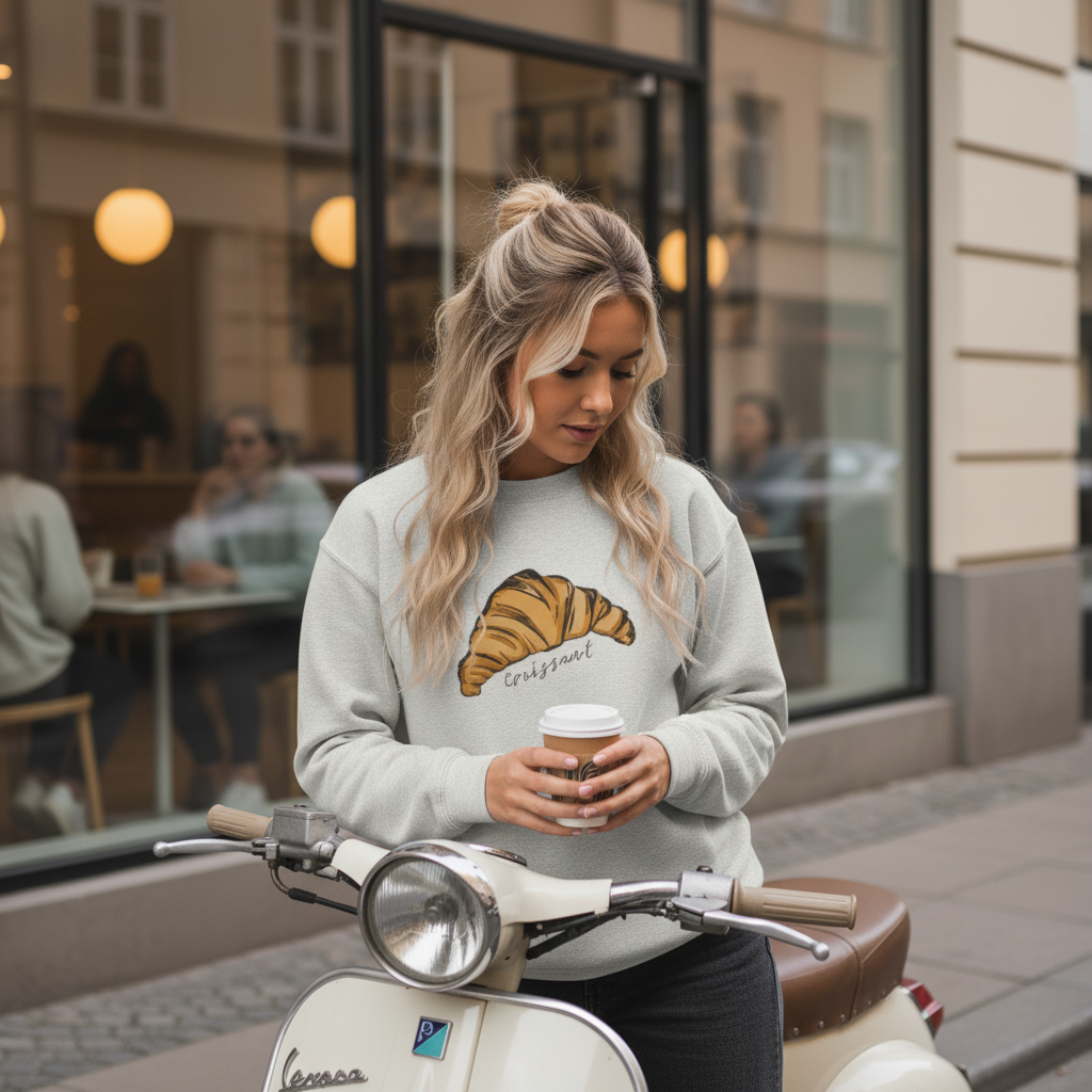 Woman wearing a light gray Le Croissant Crewneck holding a coffee cup on a scooter in an urban setting