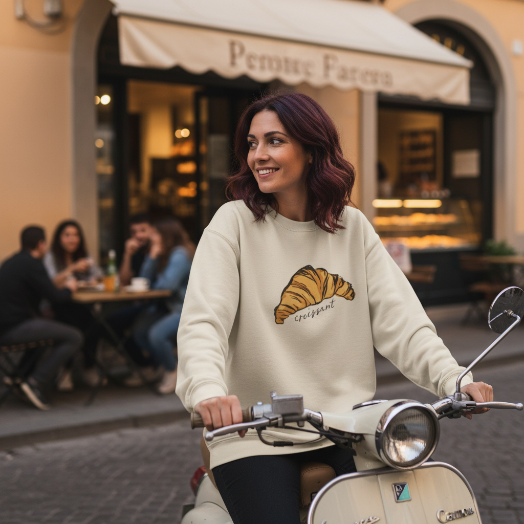 A woman wearing a Le Croissant Crewneck riding a scooter in an urban setting with a café in the background