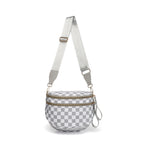 Gray and white checkered Baye Bag with a strap on a white background