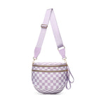Lilac White checkered Baye Bag with a strap on a white background