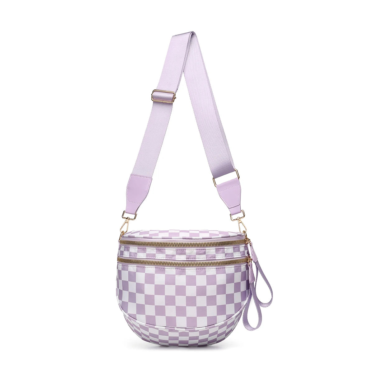 Lilac White checkered Baye Bag with a strap on a white background