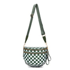 Olive green and white checkered Baye bag with a strap on a white background