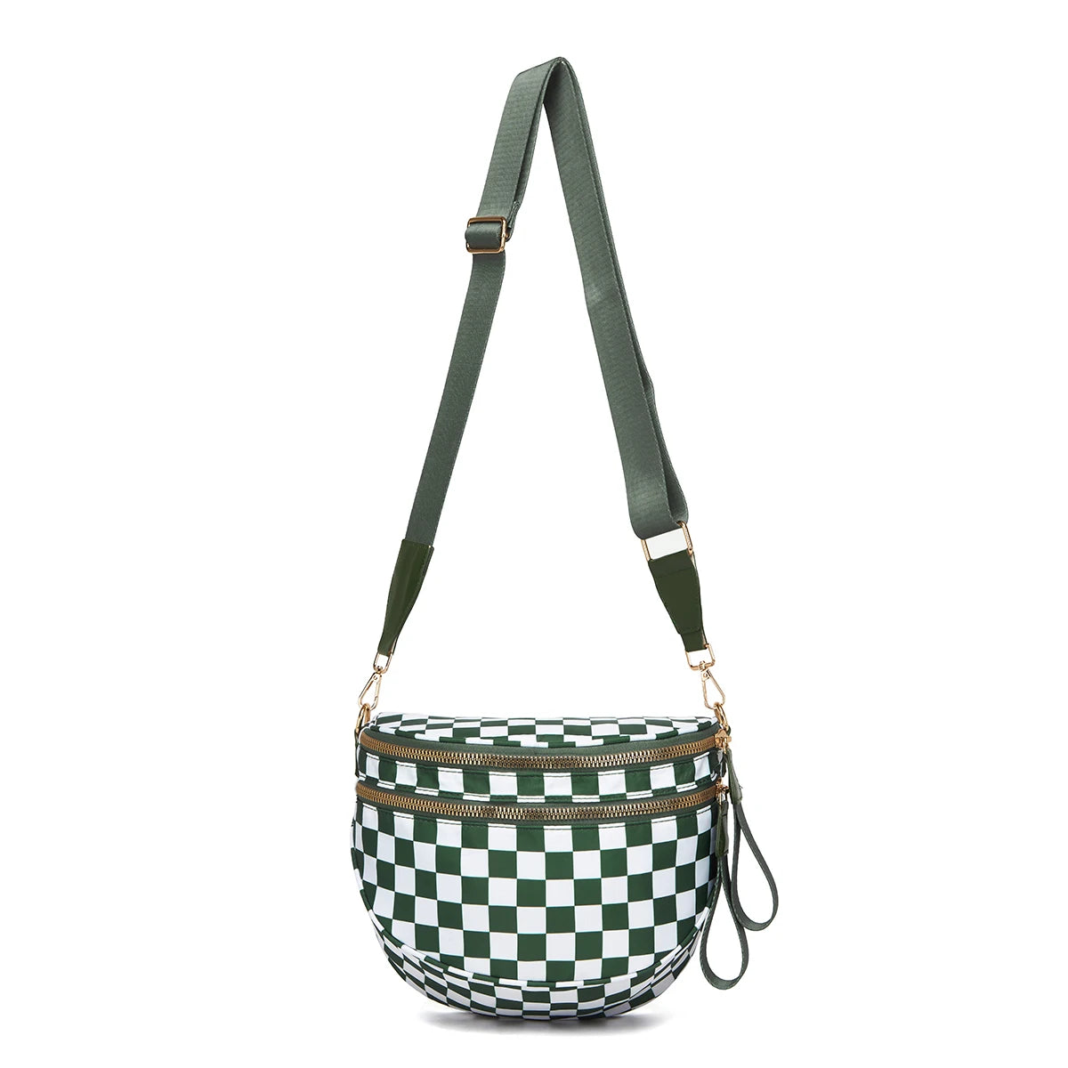 Olive green and white checkered Baye bag with a strap on a white background