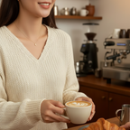 Woman wearing a croissant necklace, holding a cup of coffee in a cozy cafe setting