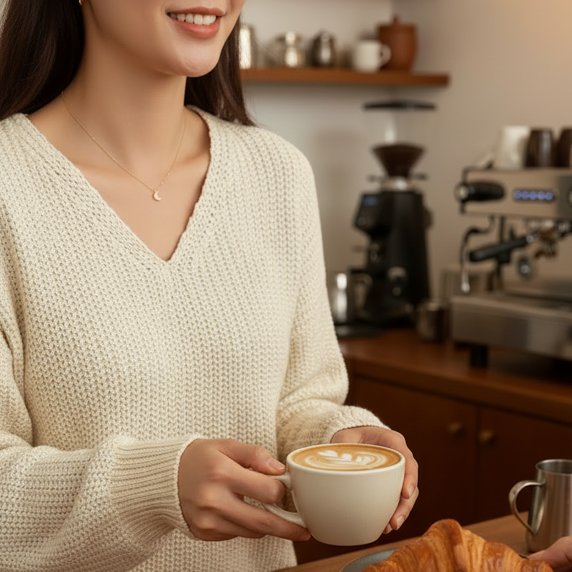Woman wearing a croissant necklace, holding a cup of coffee in a cozy cafe setting