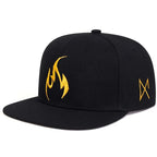 Black cap with yellow logo on a white background