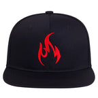 Black cap with red refiners fire design on a white background
