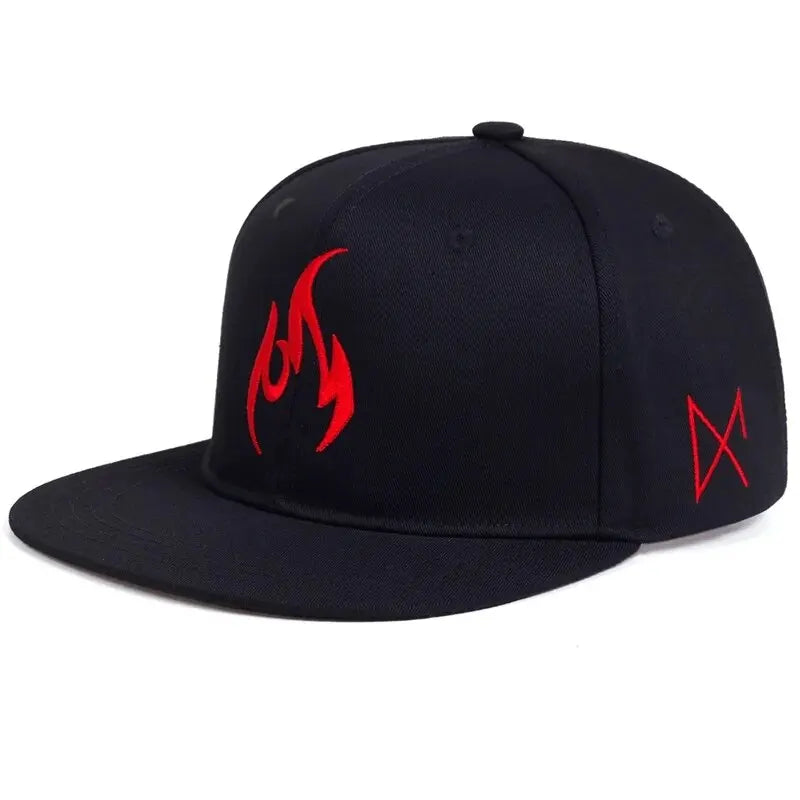 Black cap with red refiners fire design on a white background