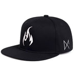 Black cap with white logo on a white background