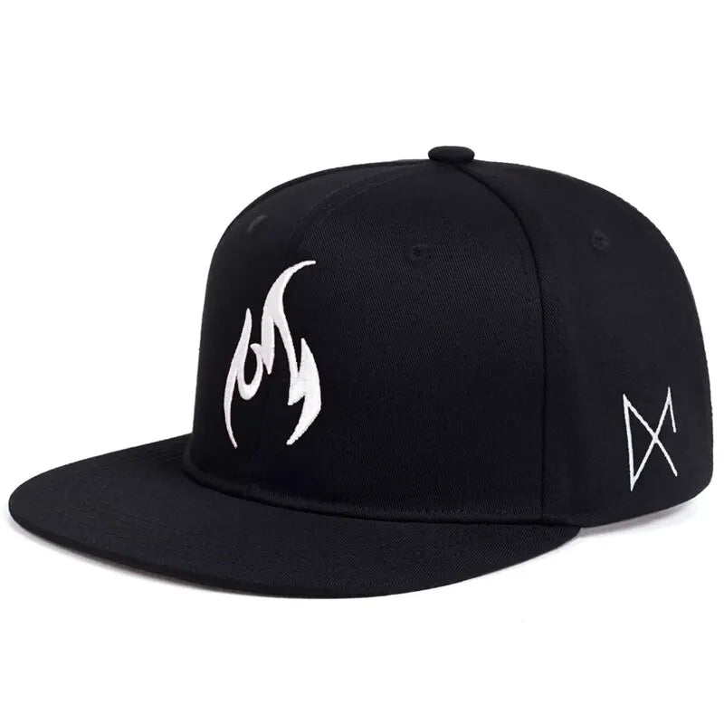 Black cap with white logo on a white background