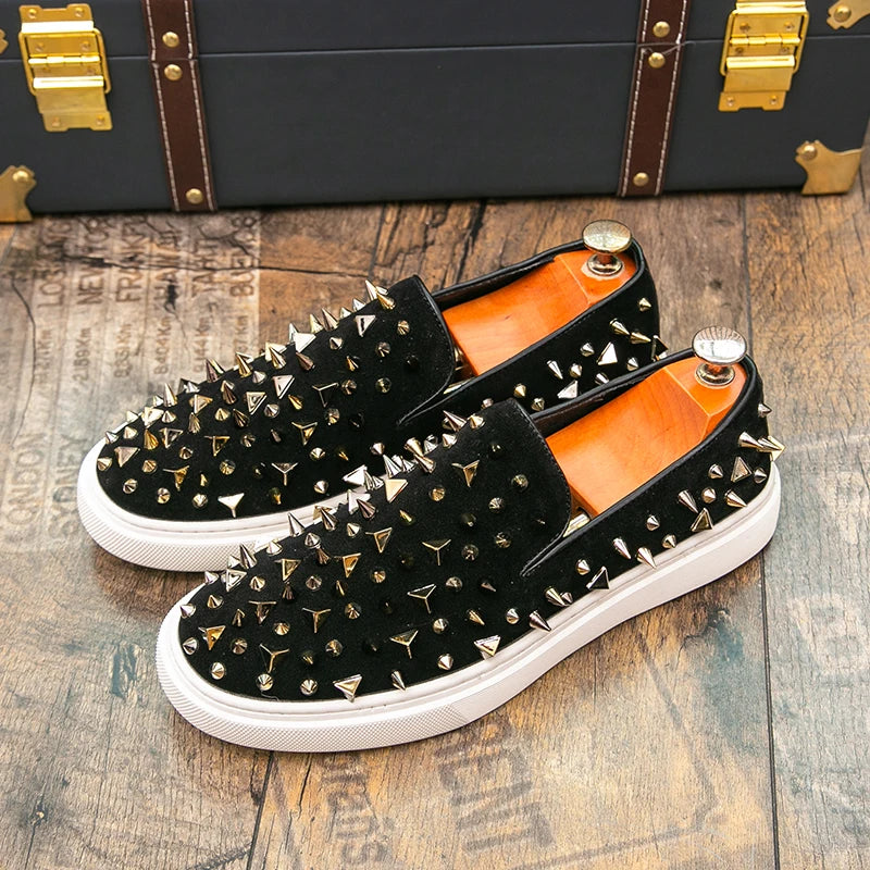 Fashion Men's Gold Charm Rhinestones Rock Punk Casual Shoes Flats Male Homecoming Wedding Dress Footwear Zapatillas Hombre
