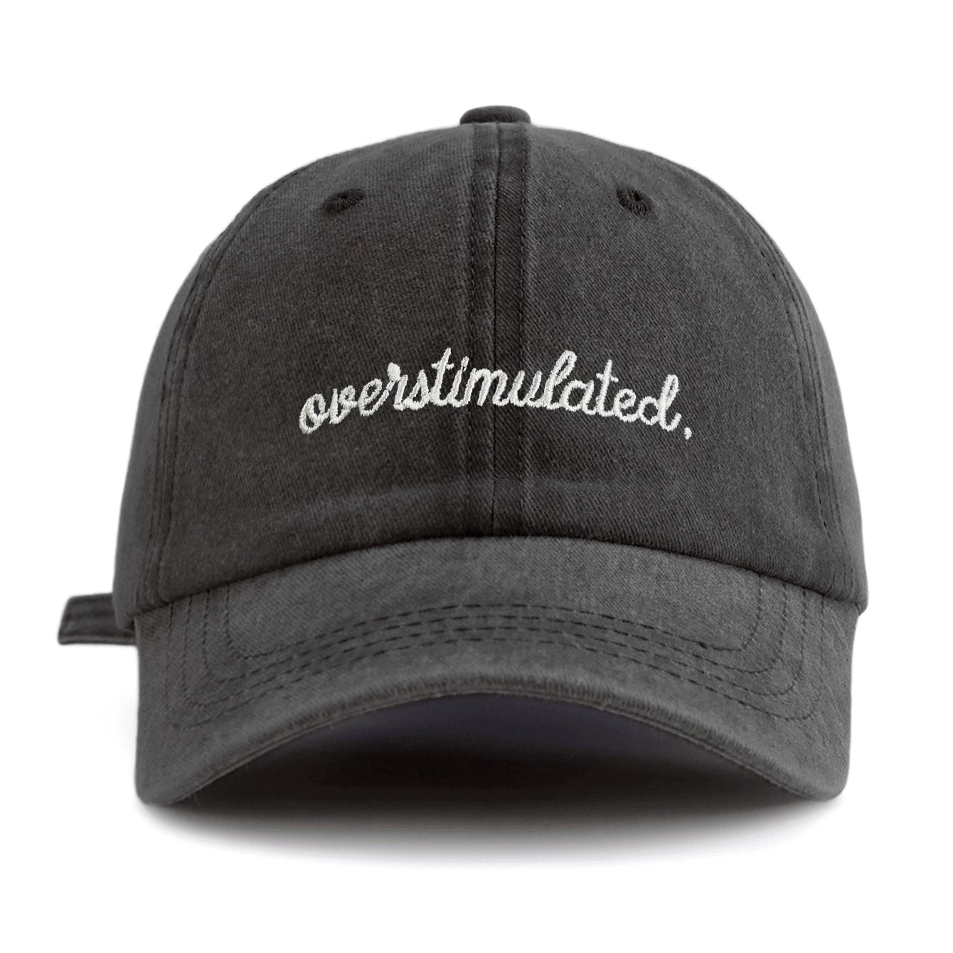 Black cap with 'overstimulated' text on a white background