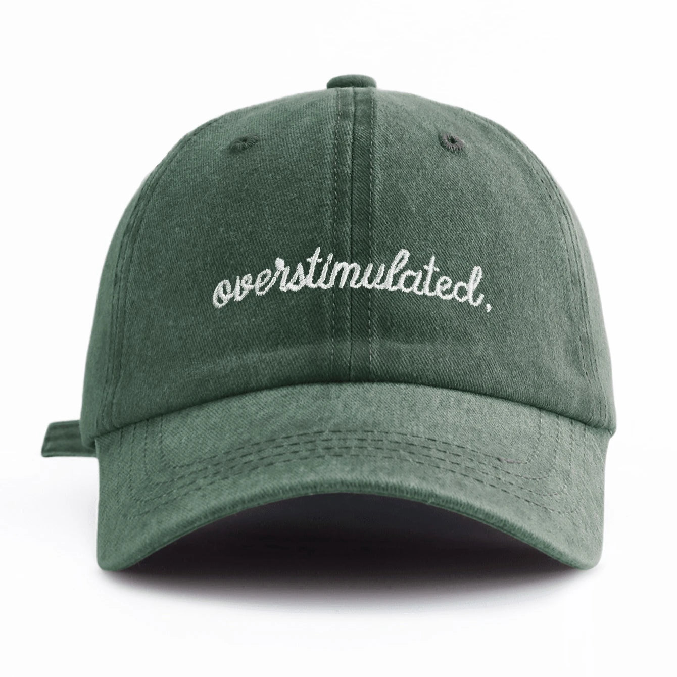 Green cap with 'overstimulated' text on a white background