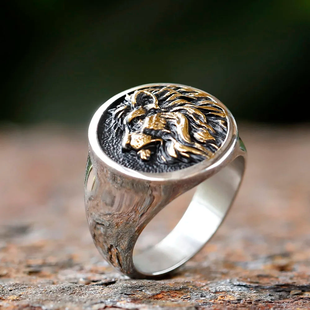 Lion of Judah Signet Ring with gold detailing.