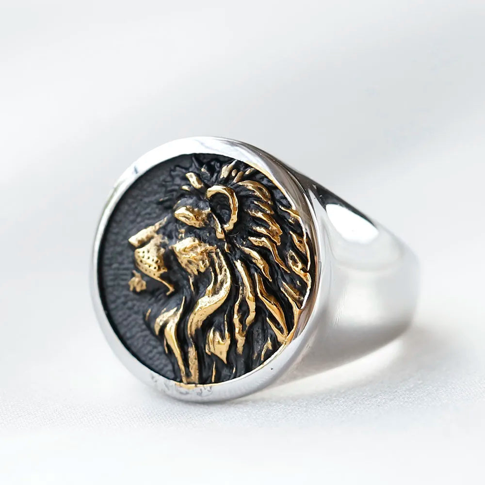Lion of Judah Signet Ring with gold detailing.