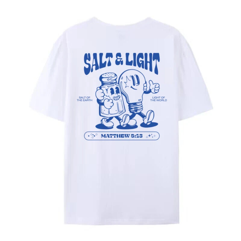 White Christian t-shirt with 'Salt & Light' graphic design on a white background